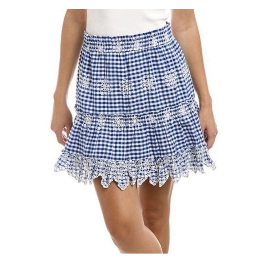 Sail To Sable $168 NWT Gingham Mini Skirt Size XS Blue White Eyelet Embroidered